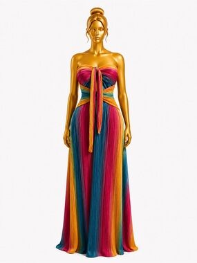 Swank A Posh Strapless Multicolor Pleated Maxi Dress Resort Vacation Front tie